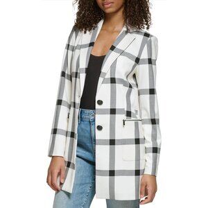 Karl Lagerfeld Paris Windowpane Blazer Womens Plaid Long Blazer Jacket
